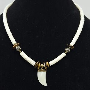 Heishi, Mother Of Pearl & Tiger Eye Womens Necklace Rose Beads Brass Accents